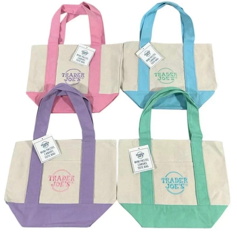 TRADER JOE'S LIMITED EDITION VIRAL PASTEL MINI CANVAS TOTE BAGS 4-PIECE SET NEW!
